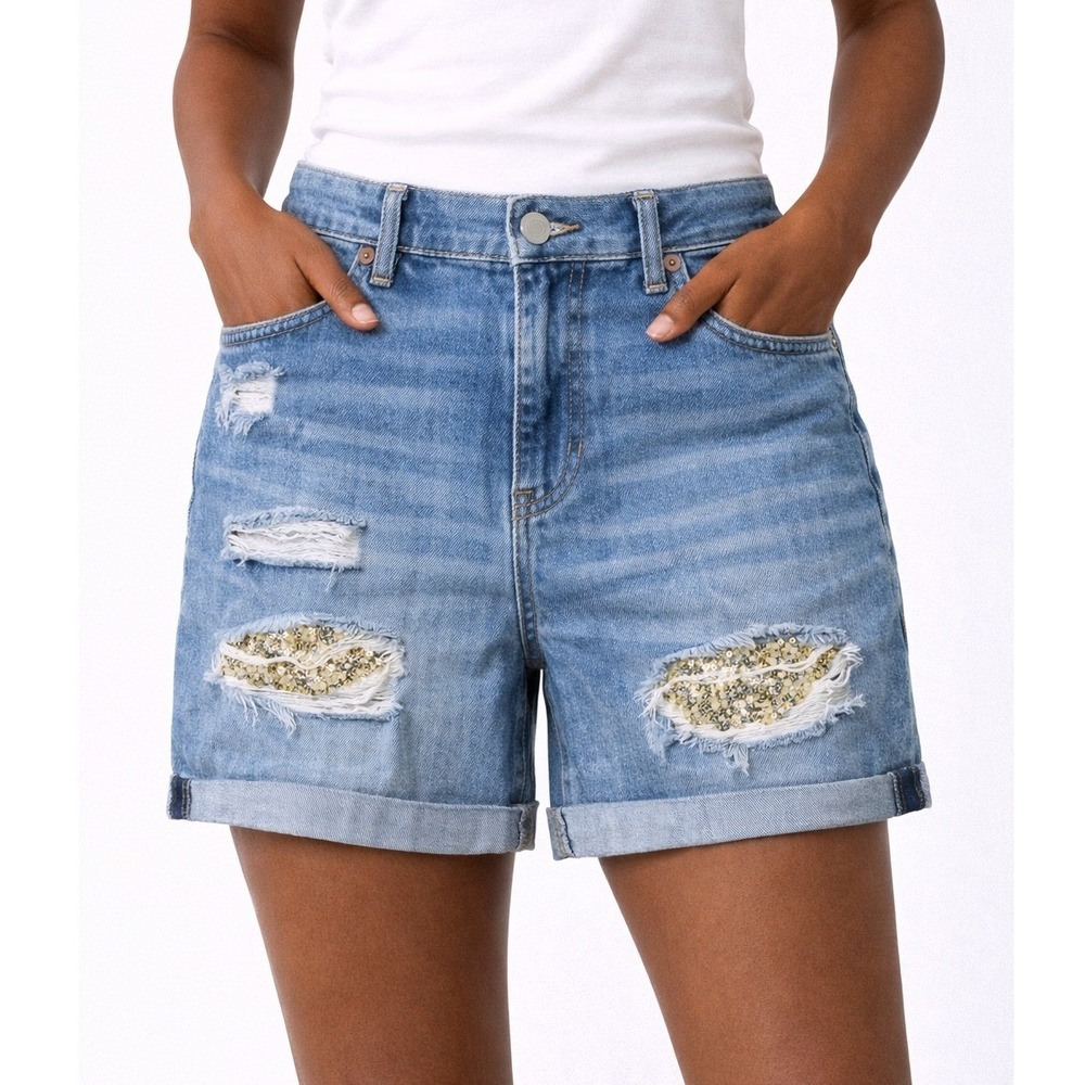 Sequin Distressed Denim Shorts Cotton Casual Size 10 Juicy Couture Womens